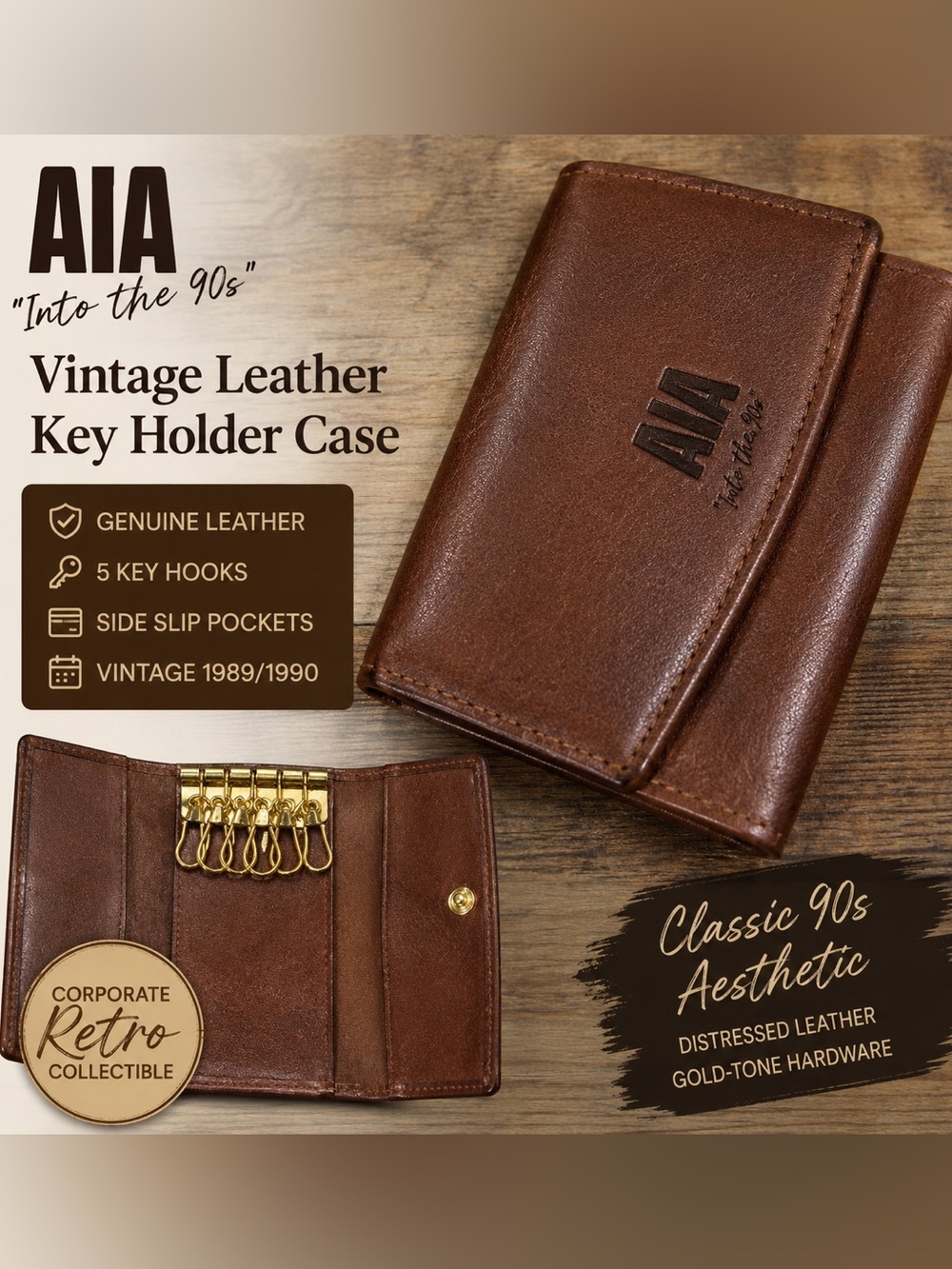 Vintage AIA Leather Key Holder Case Wallet "Into the 90s" Promo Brown